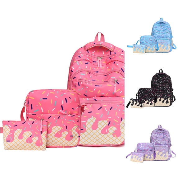 Ticikt 3 In 1 Ice Cream Print Backpack Set, Large Capacity Casual Daypack with Crossbody Bag and Pencil Pouch
