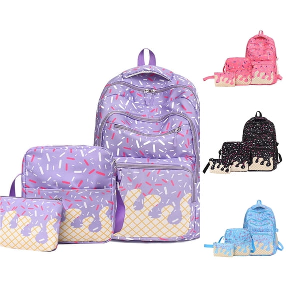 Ticikt 3 In 1 Ice Cream Print Backpack Set, Large Capacity Casual Daypack with Crossbody Bag and Pencil Pouch