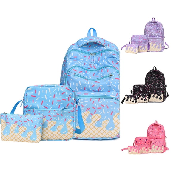 Ticikt 3 In 1 Ice Cream Print Backpack Set, Large Capacity Casual Daypack with Crossbody Bag and Pencil Pouch