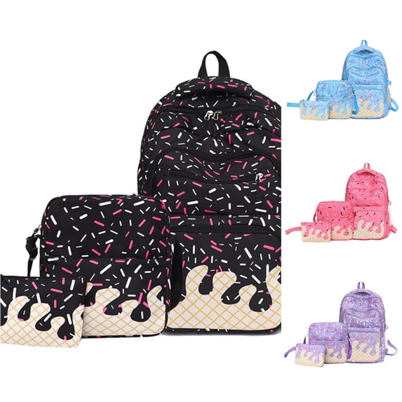 Ticikt 3 In 1 Ice Cream Print Backpack Set, Large Capacity Casual Daypack with Crossbody Bag and Pencil Pouch