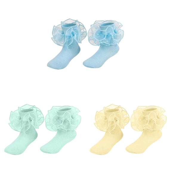 Ticikt 3 Pairs Girls Ruffle Frilly Ankle Socks, Solid Color Lace Trim Cotton Socks for Daily and Party Dress Up