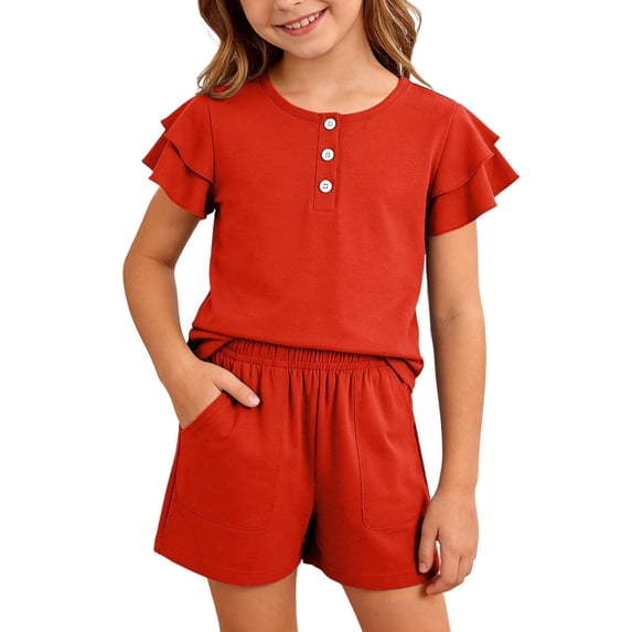 Ticikt 5-13Y Girls Summer Outfits 2 Piece Sets Ruffle Short Sleeve Button Down Shirts and Shorts Set Kids Clothes with Pockets,Color:Red,Size:5-6 Years