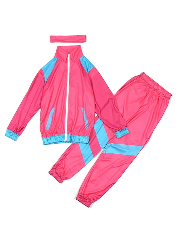 80s 90s Retro Windbreaker Set Girls Workout Outfit Track Suit for Girls,Color:Pink,Size:12-14 Years