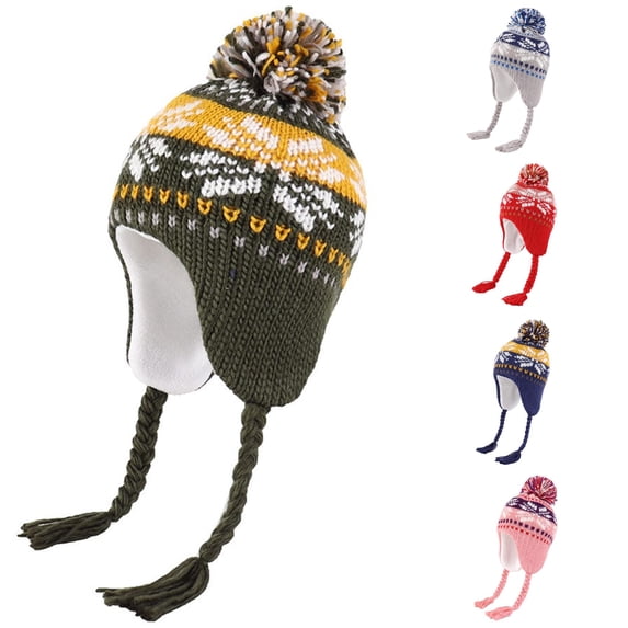 Ticikt Adult Snowflake Knit Ear Flap Hat, Fleece Lined Winter Beanie with Pom‑Pom & Braided Tassels for Outdoor Cold Weather,Green