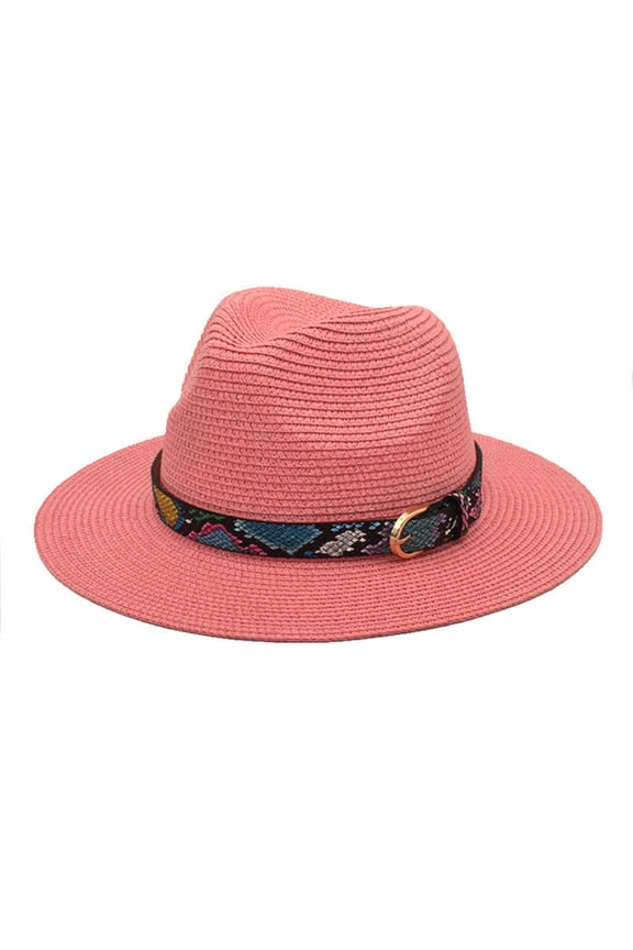 Adults Unisex Retro Western Cowboy Riding Hat Leather Belt Wide Cap Straw Hat,Color:Pink