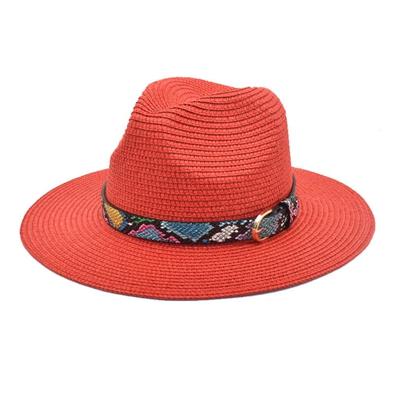 Ticikt Adults Unisex Retro Western Cowboy Riding Hat Leather Belt Wide Cap Straw Hat,Color:Red