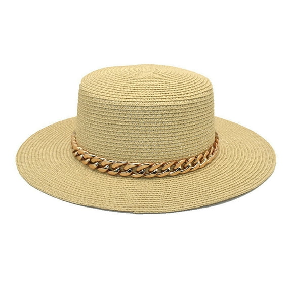 Ticikt Adults Unisex Retro Western Cowboy Riding Hat Leather Chain Wide Cap Straw Hat,Color:Beige