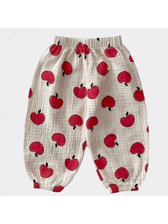 Apple Print Harem Pants, Lightweight Loose Casual Elastic Waist Trousers for Baby/Toddler Boys or Girls 3M-5Y,White