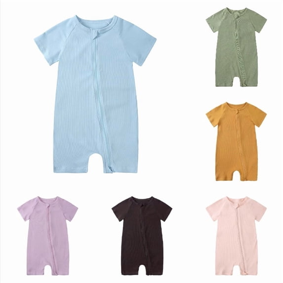 Ticikt Baby Bamboo Fiber Short Sleeve Romper, Solid Ribbed Zip Up Newborn Infant Summer Onesie Jumpsuit,Blue