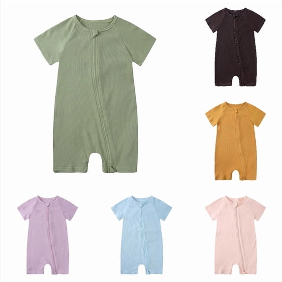 Ticikt Baby Bamboo Fiber Short Sleeve Romper, Solid Ribbed Zip Up Newborn Infant Summer Onesie Jumpsuit,Green
