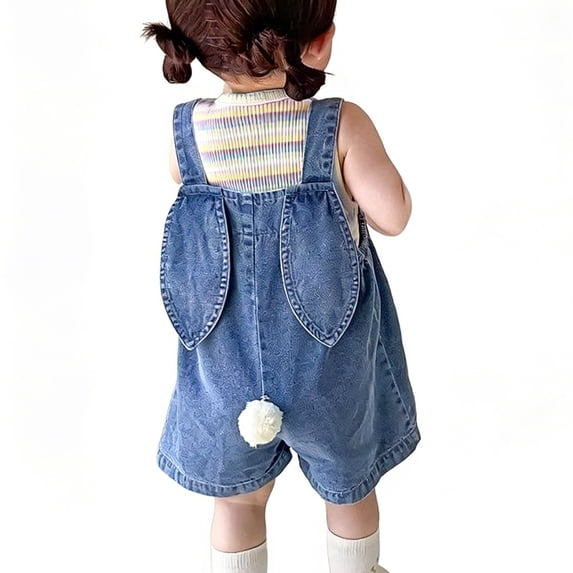Ticikt Baby Boy Girl Denim Overalls Solid Suspender Bib Pants One-Piece Strap Jumpsuit Pocket Summer Outfit,Color:Blue,Size:4-5 Years