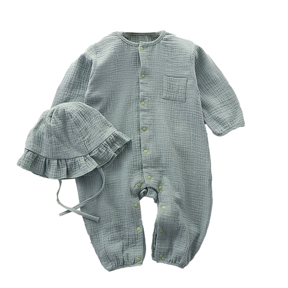 Ticikt Baby Boy Girl Romper Long Sleeve Button Down Shirt Onesie Jumpsuit with Hat Summer Clothes Outfit ,Color:Light Green,Size:3-6 Months