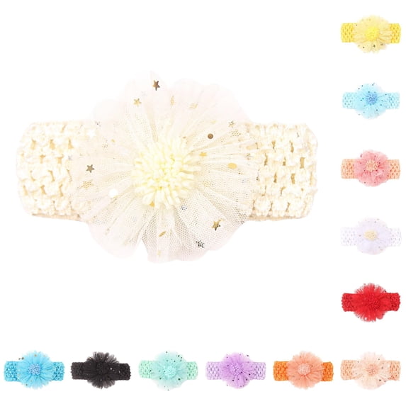 Ticikt Baby Crochet Headbands, Colorful Tulle Flower Elastic Hair Bands Cute Girls Floral Hair Accessories