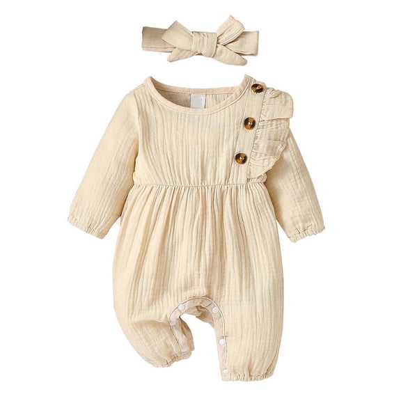 Ticikt Baby Girl Boys Romper Infant Fall Winter Clothes Ruffle Sweater Long Sleeve Bodysuit Jumpsuit and Headband,Color:Beige,1-3 Months