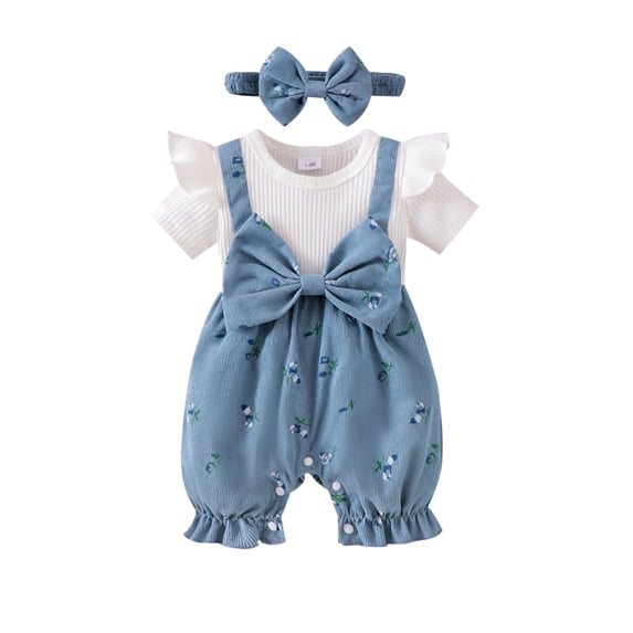 Ticikt Baby Girl Clothes Summer Romper Dress Sleeveless Bodysuit Jumpsuit with Headband Toddler Outfits,Color:Blue,Size:12-18 Months
