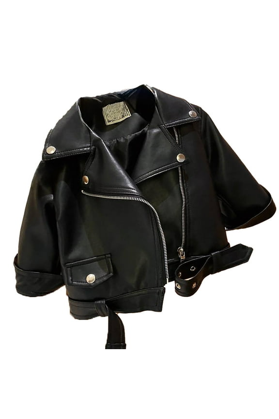 Ticikt Baby Girl Leather Motorcycle Jacket Cute Ruffle Spring Fall PU Coat,Color:BK1,12-18 Months