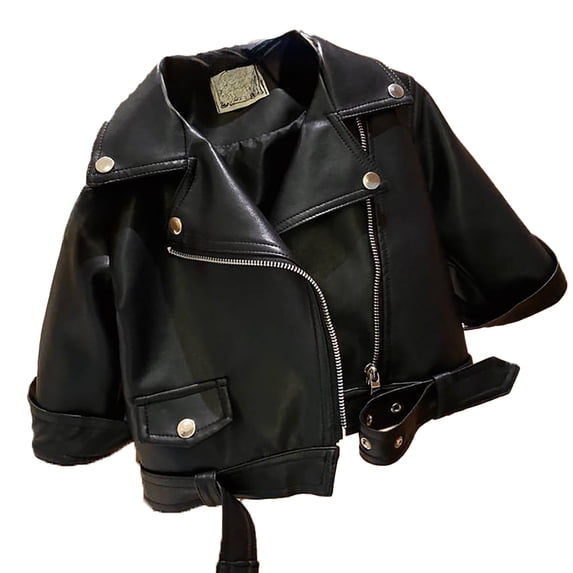 Ticikt Baby Girl Leather Motorcycle Jacket Cute Ruffle Spring Fall PU Coat,Color:BK2,6-7 Years