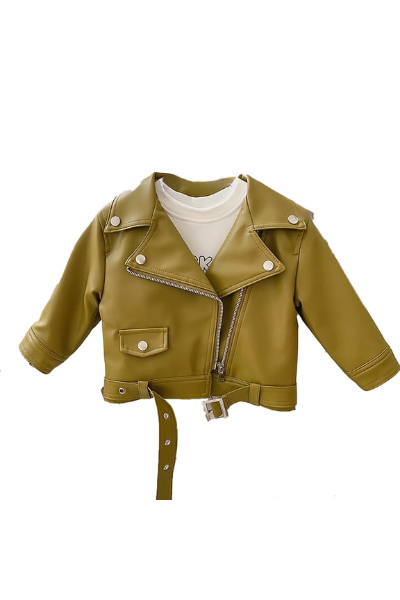 Baby Girl Leather Motorcycle Jacket Cute Ruffle Spring Fall PU Coat,Color:Green,18-24 Months