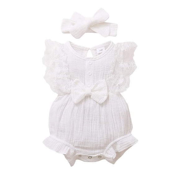 Ticikt Baby Girl Lace Romper Sleeveless Ruffle Bow Decorated Romper Jumpsuit Bodysuit with Headband Cotton Blend Soft Lightweight,Color:White