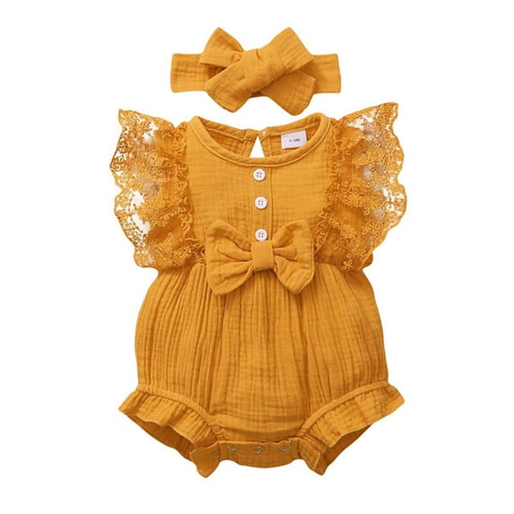 Ticikt Baby Girl Lace Romper Sleeveless Ruffle Bow Decorated Romper Jumpsuit Bodysuit with Headband Cotton Blend Soft Lightweight,Color:Yellow
