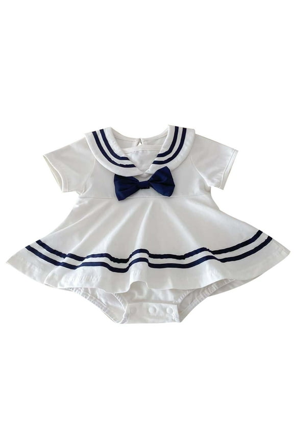 Baby Girl Rompers Uniform Nautical 1 Piece Set Bodysuit School Style Lapel Crawl Dress 1 Year Old Photo Dress,Color:White,Size:6-12 Months