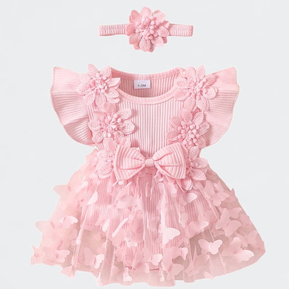 Ticikt Baby Girls 3D Flower Bow Romper Dress with Headband, Lace Tulle Bodysuit 0-18M,Color:Red