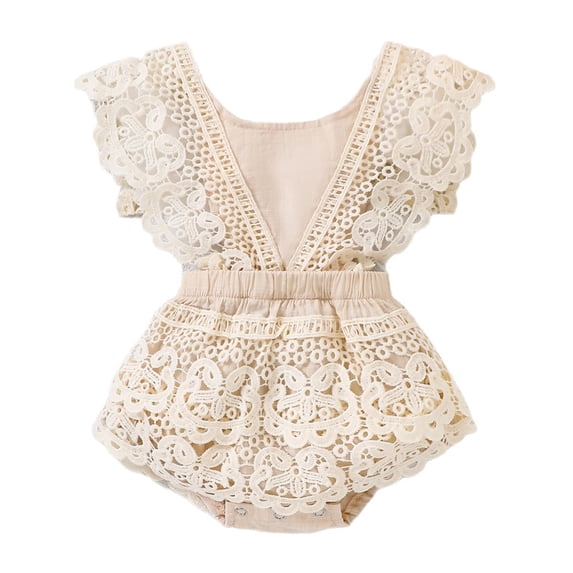 Ticikt Baby Girls Boho Lace Romper Dress Ruffle First Birthday Outfit Photo Jumpsuit Bodysuit Cottonblend Soft Breathable,Color:Beige