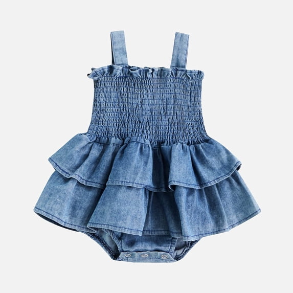 Ticikt Baby Girls' Denim Tutu Romper Dress, Sleeveless Smocked Bodysuit with Ruffle Skirt,Navy