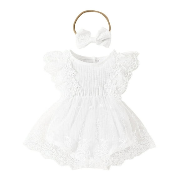 Ticikt Baby Girls Romper Dress with Headband, Floral Print Hem Ruffle Sleeve Onesie, Summer Bodysuit for 0-18 Months,Color:White