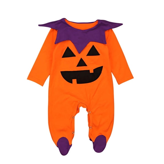 Ticikt Baby Halloween Footed Romper, Long Sleeve Jumpsuit with Pumpkin Face Applique