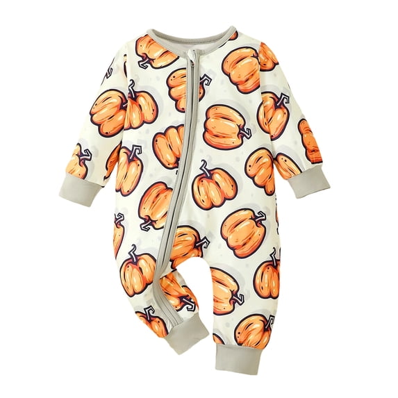 Ticikt Baby Halloween Romper Long Sleeve Full Zip Pumpkin Print One Piece Jumpsuit Holiday Outfit
