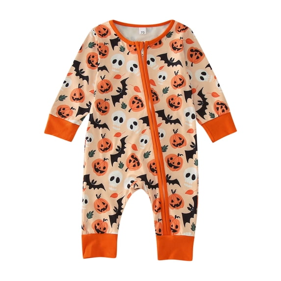 Ticikt Baby Halloween Romper Long Sleeve Full Zip Pumpkin Print One Piece Jumpsuit Holiday Outfit