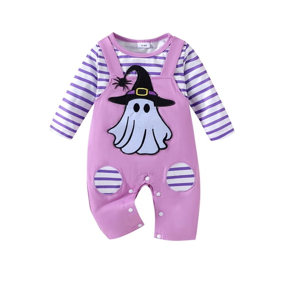 Ticikt Baby Halloween Romper, Long Sleeve Striped Shirt Overalls Jumpsuit with Ghost Applique