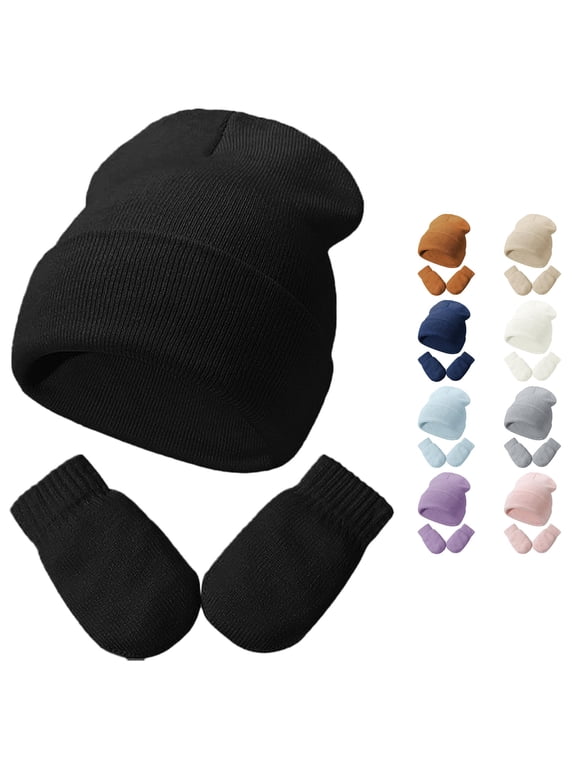 Ticikt Baby Knit Beanie & Mitten Set, Solid Color Soft Warm Toddler Hat Gloves Kit for Autumn Winter,Black,3-24 Months