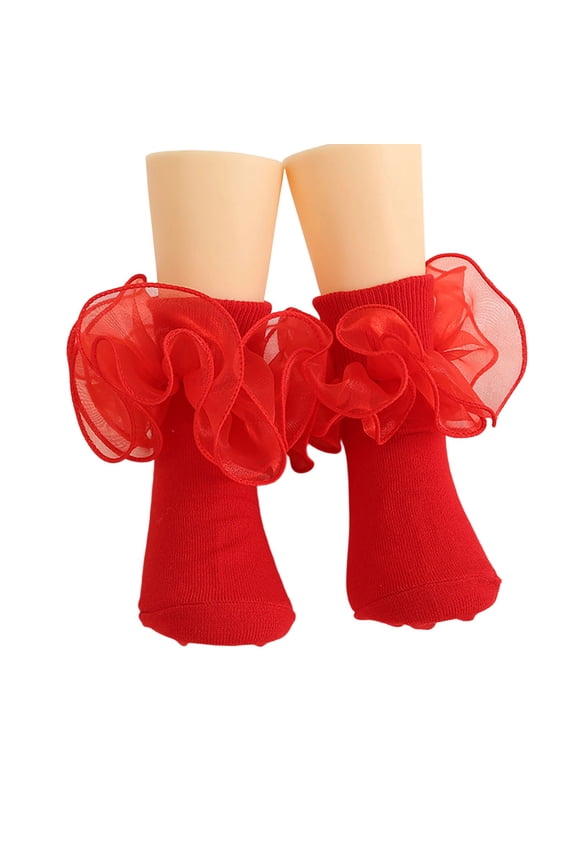 Big Ruffle Ankle Socks Lace Frilly Cute Socks-Soft Cotton Girls Sock,Color:Red,0-6 Months