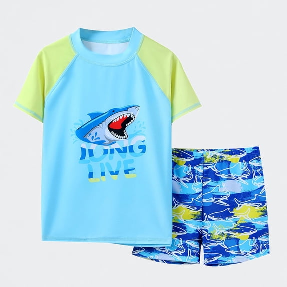 Ticikt Boys 2-Piece Swimsuit, Short Sleeve Swim Shirt with Shark Print Swim Trunks, 7-12 Years,Blue