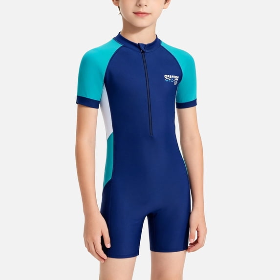 Ticikt Boys' Athletic One-Piece Swimsuit, Front Zip Rash Guard for Swim Training,Blue