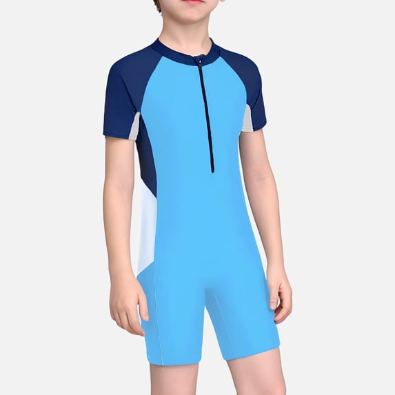 Ticikt Boys' Athletic One-Piece Swimsuit, Front Zip Rash Guard for Swim Training,Blue