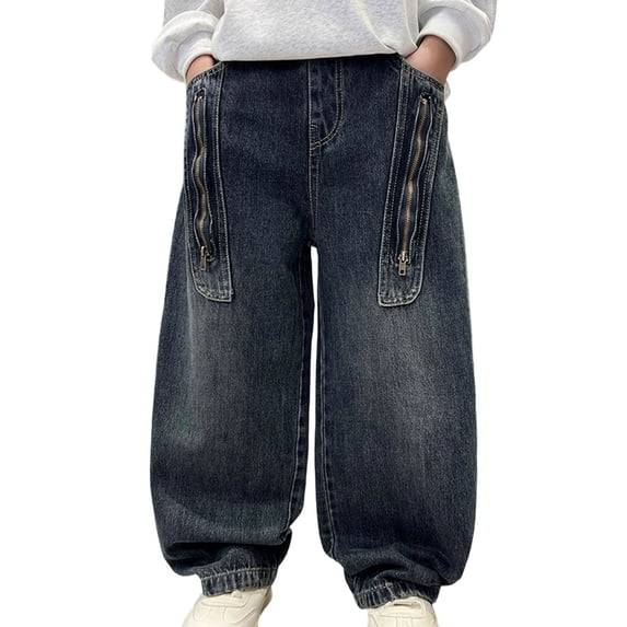 Ticikt Boys Baggy Jeans, Wide Leg Elastic Waist Denim Pants Loose Fit Trousers Vintage Y2K Streetwear for All Season,Color:Grey,Size:15-16 Years