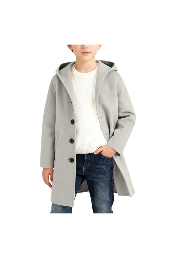 Boys Casual Trench Coat Kids Winter Hooded Long Jacket Single- Pea Coat with Pockets,Color:Grey,Size:5-6 Years