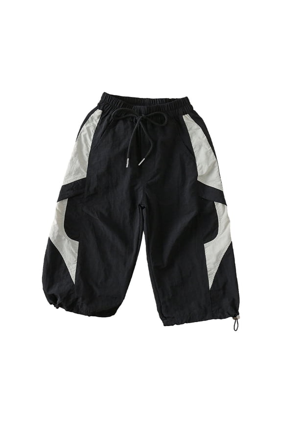 Boys' Color Block Cargo Pants, Drawstring Waist Adjustable Casual Jogger Pants,Black,Size:2-3 Years