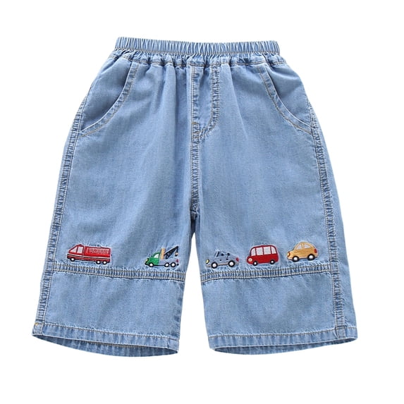 Ticikt Boys' Cotton Denim Capri Shorts, Elastic Waist Car Embroidered Summer Pants,Light Blue,7-8 Years