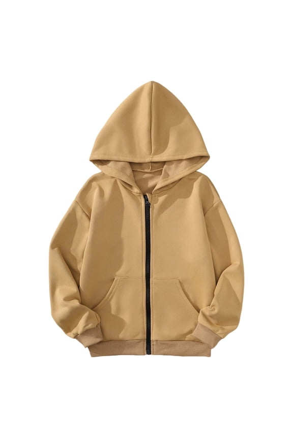 Ticikt Boys Girls Spring Autumn Winter Casual Outerwear Long Sleeve Hooded Jacket Solid Color Fashion Coat for Teenage Youth,Color:Khaki,13-14 Years