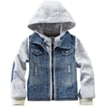 thumbnail image 1 of Ticikt Boys Hooded Denim Jacket, Patchwork Long Sleeve Kids Casual Zip Up Jean Coat,Blue,7-8 Years, 1 of 9