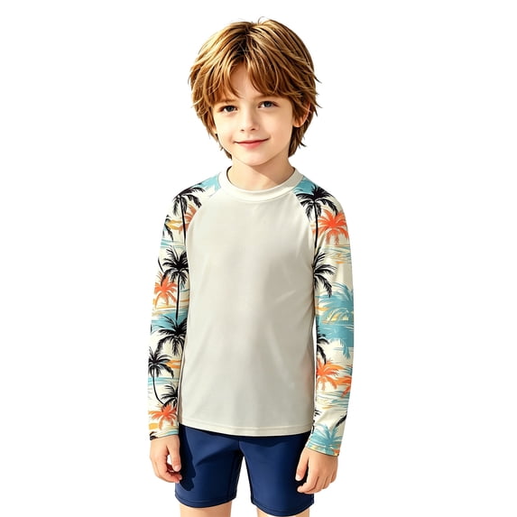 Ticikt Boys Long Sleeve Rash Guard Crew Neck Raglan Sleeve Printed Sleeve UPF Sun Protection Swim Shirt Outdoor Top,Beige