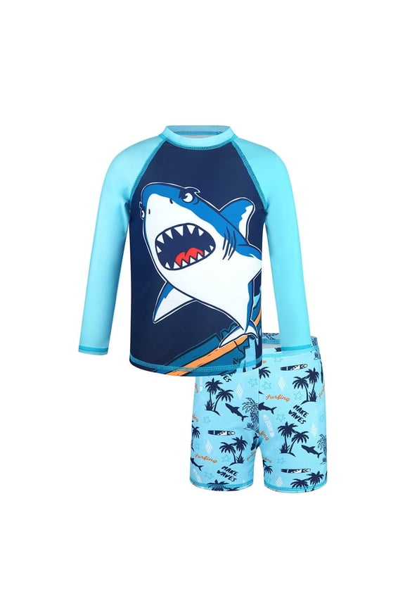 Boys' Long Sleeve Two Piece Swimsuit Set | Cartoon Ocean Print Swim Shirt & Quick Drying Shorts | UPF 50+ Sun Protection