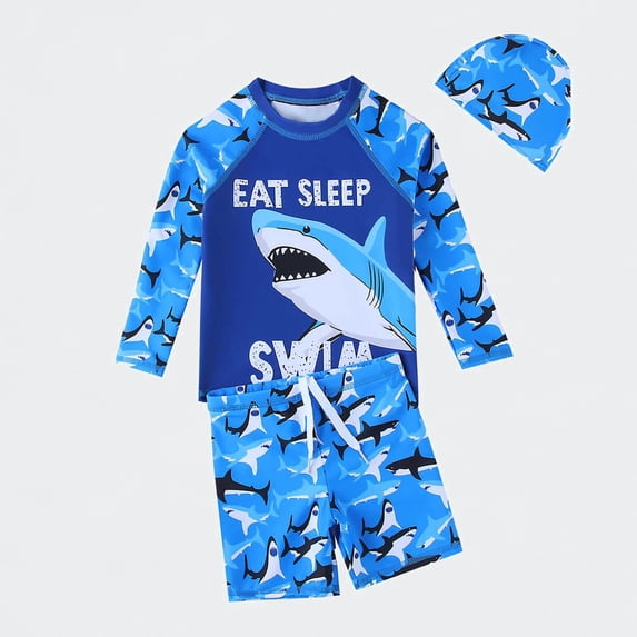 Ticikt Boys Rash Guard Swimsuit, Print Two Piece Long Sleeve Swim Shirt & Trunks Set for Summer Beach Pool,Color:Blue