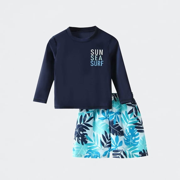 Ticikt Boys Rash Guard Swimsuit, Print Two Piece Long Sleeve Swim Shirt & Trunks Set for Summer Beach Pool,Color:Blue