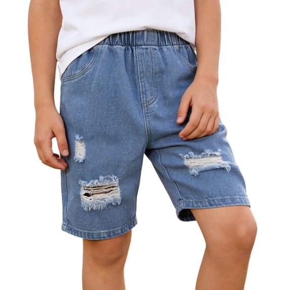 Ticikt Boys Ripped Raw Hem Denim Shorts Elastic Waist Straight Leg Jean Shorts Casual Summer Skort,Color:Blue,Size:7-8 Years