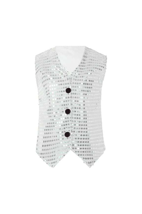 Boys Sequin Vest Glitter Sleeveless Button Jacket for Dance Performance Hop Jazz Stage Party Streetwear,Color:Silver,Size:17-18 Years